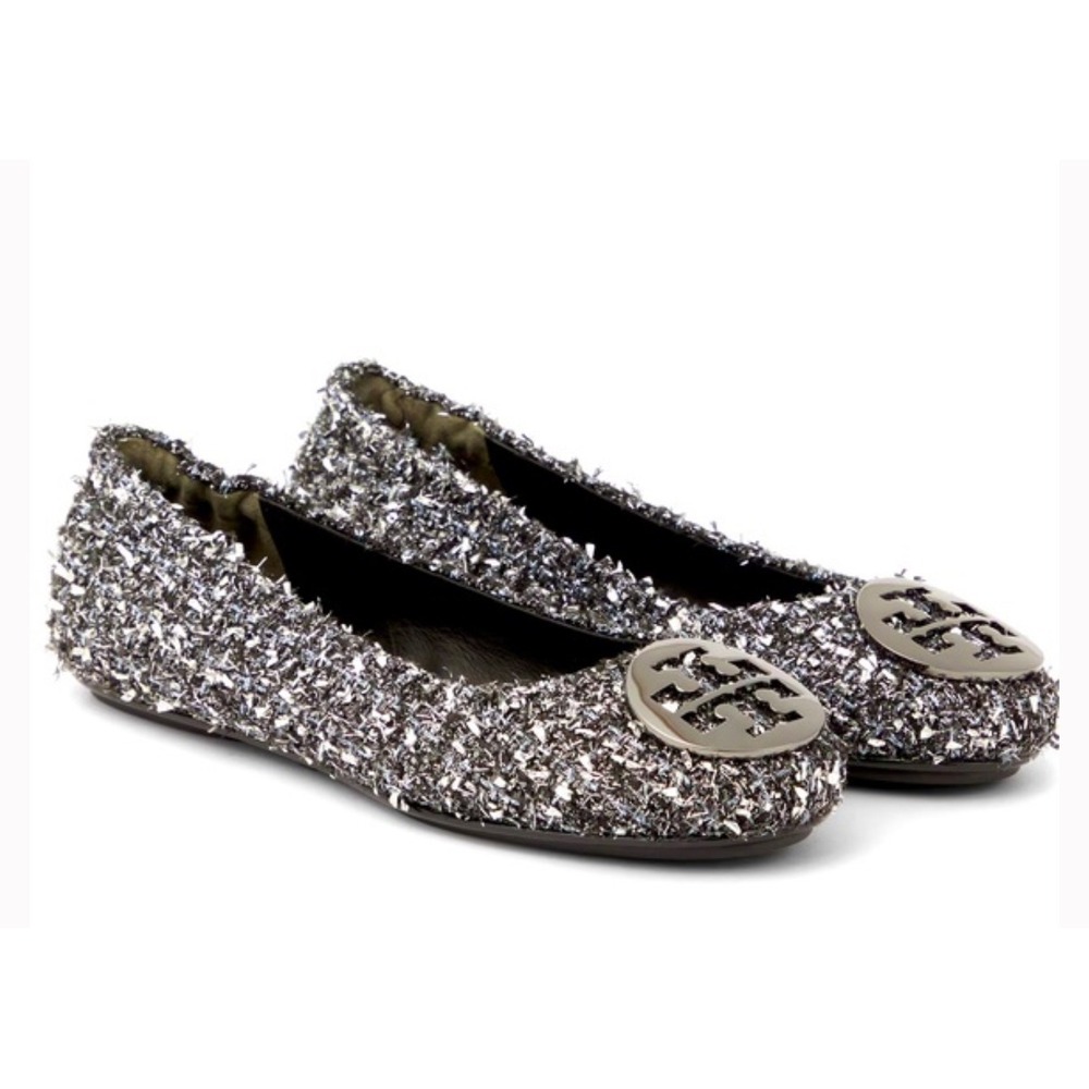 Tory Burch Minnie Travel Ballet Flats Sparkle Tweed Embellished Logo Gray Sz 13